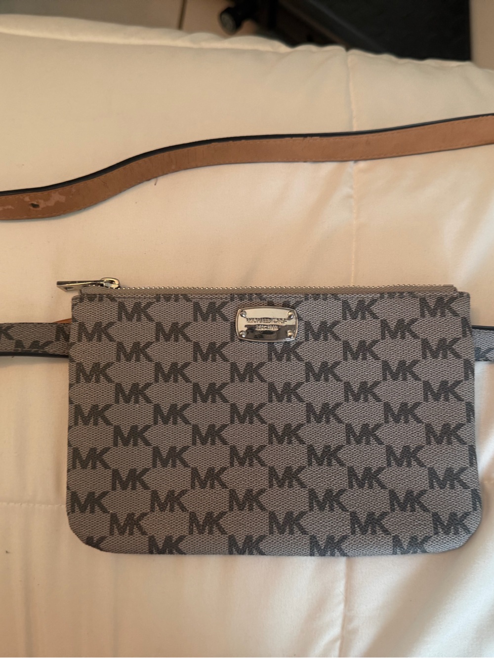 Michael Kors Gray MK Logo Belt Bag with Tan Strap